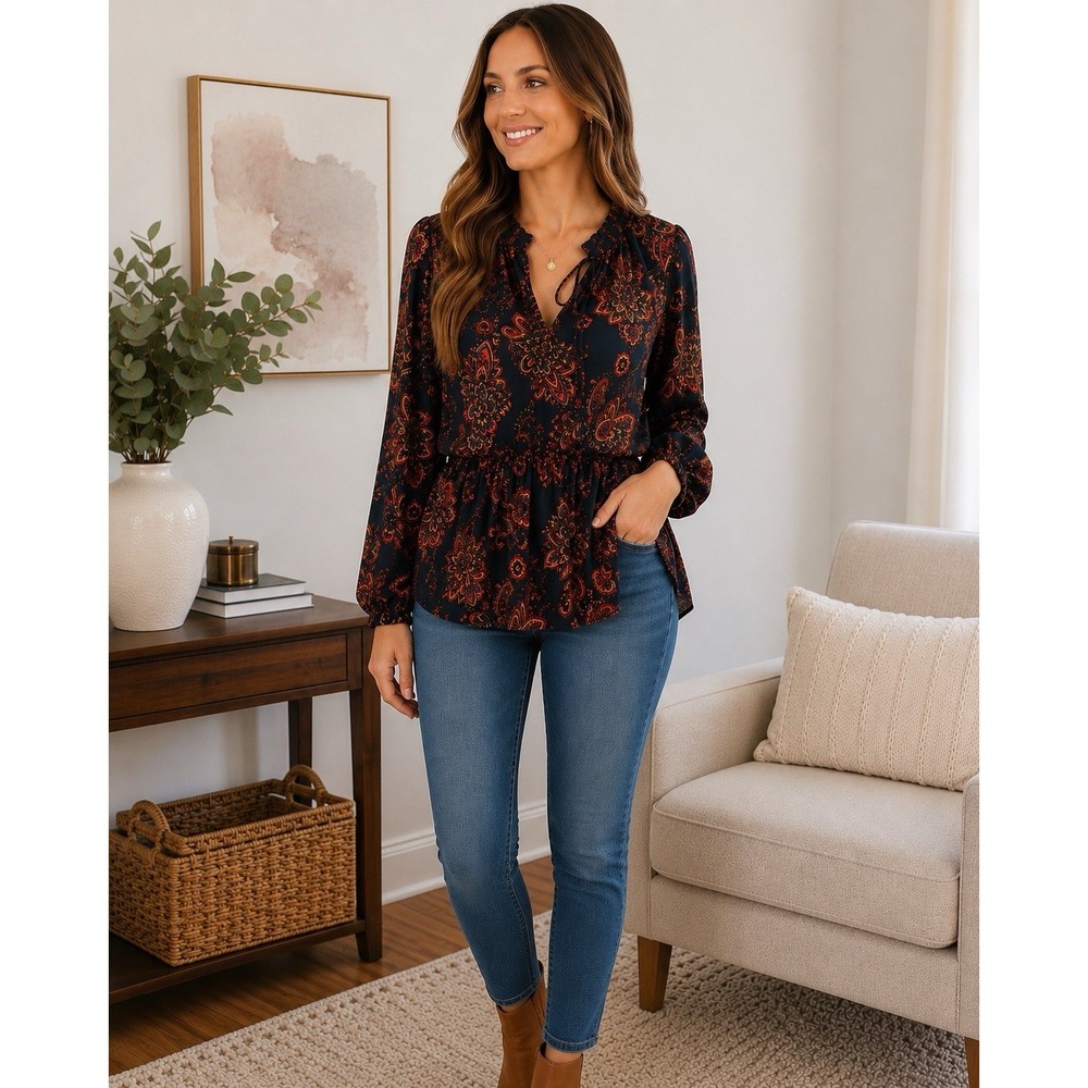 LOFT Petite LP Navy Paisley Peplum Blouse Ruffle Tie Neck Long Sleeve‎ Women's